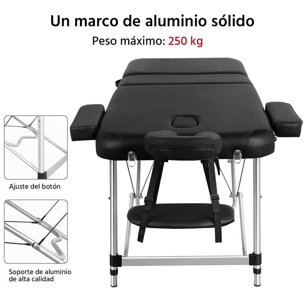 Yaheetech Camilla Masaje Plegable de 3 Zonas Camilla Estetica Portátil Profesional de de 92 cm de Ancho Altura Ajustale con Bolsa de Transporte Negro