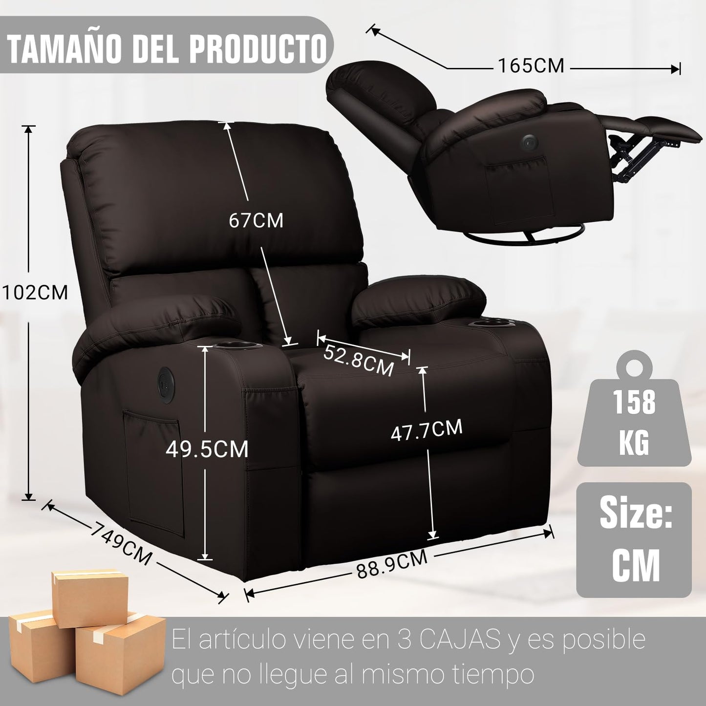 Silla Mecedora de Masaje Moonlight Manor – Vibración, Calor, USB/Tipo C, Giratoria 360°, Piel Sintética Marrón