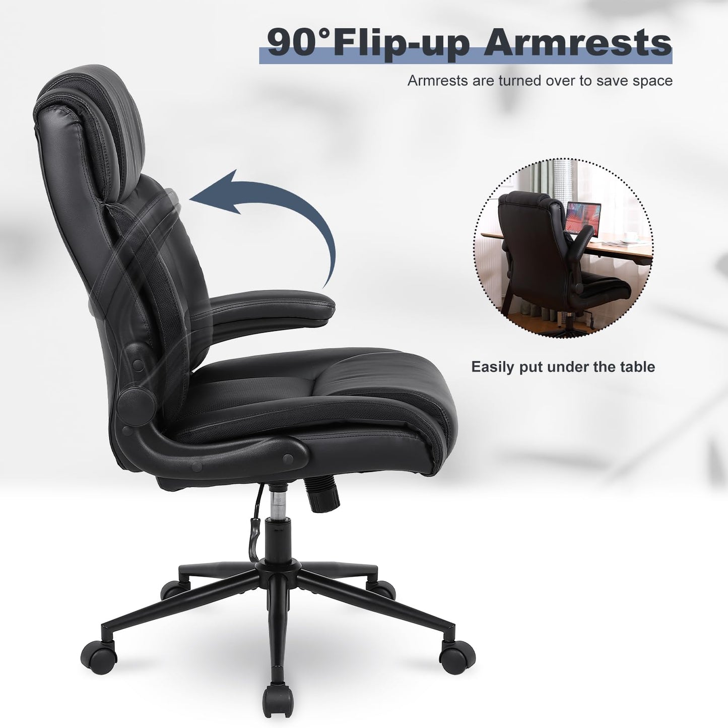 Ermnois Silla de Oficina Silla de Oficina ergonómica Piel sintética Altura Ajustable reposabrazos Grueso y Soporte Lumbar Silla de Cuero PU con Respaldo Medio para Juegos de Ordenador Negro