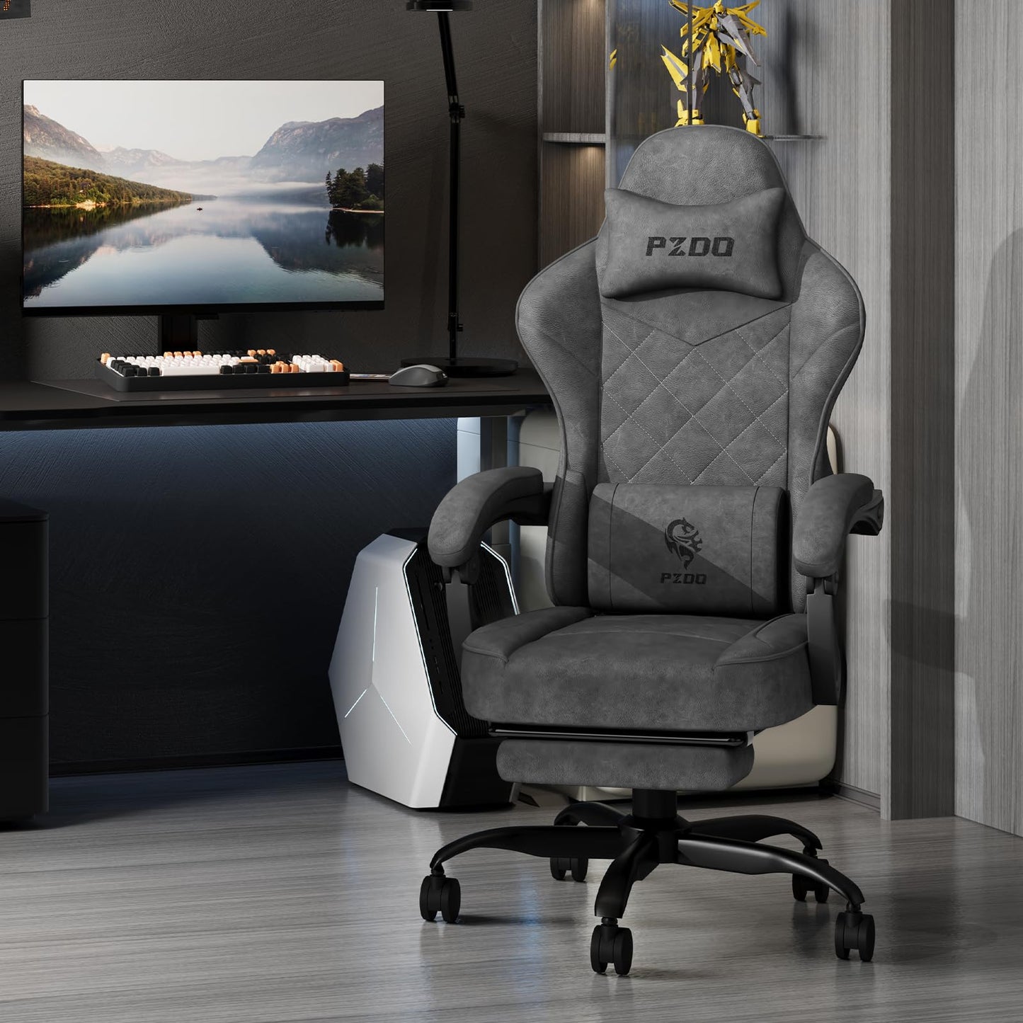 PZDO Silla Gaming Ergonómica Silla de Oficina con Tejido de Alta Tecnología, Silla Gamer Silla Ordenador con Reposapiés, Cadeira Gaming Chair Silla de Ordenador, Adultos, Adolescentes (Negro)