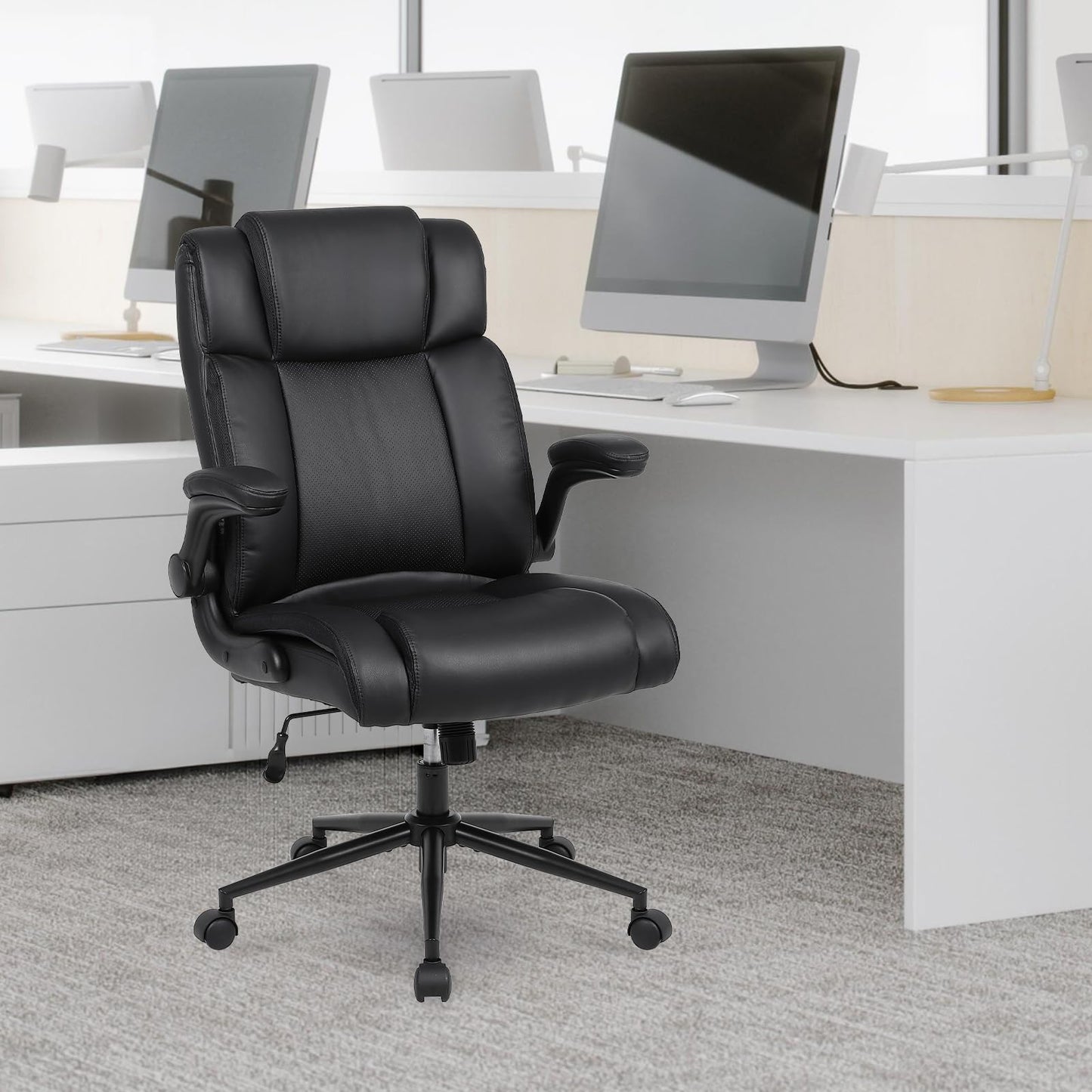 Ermnois Silla de Oficina Silla de Oficina ergonómica Piel sintética Altura Ajustable reposabrazos Grueso y Soporte Lumbar Silla de Cuero PU con Respaldo Medio para Juegos de Ordenador Negro