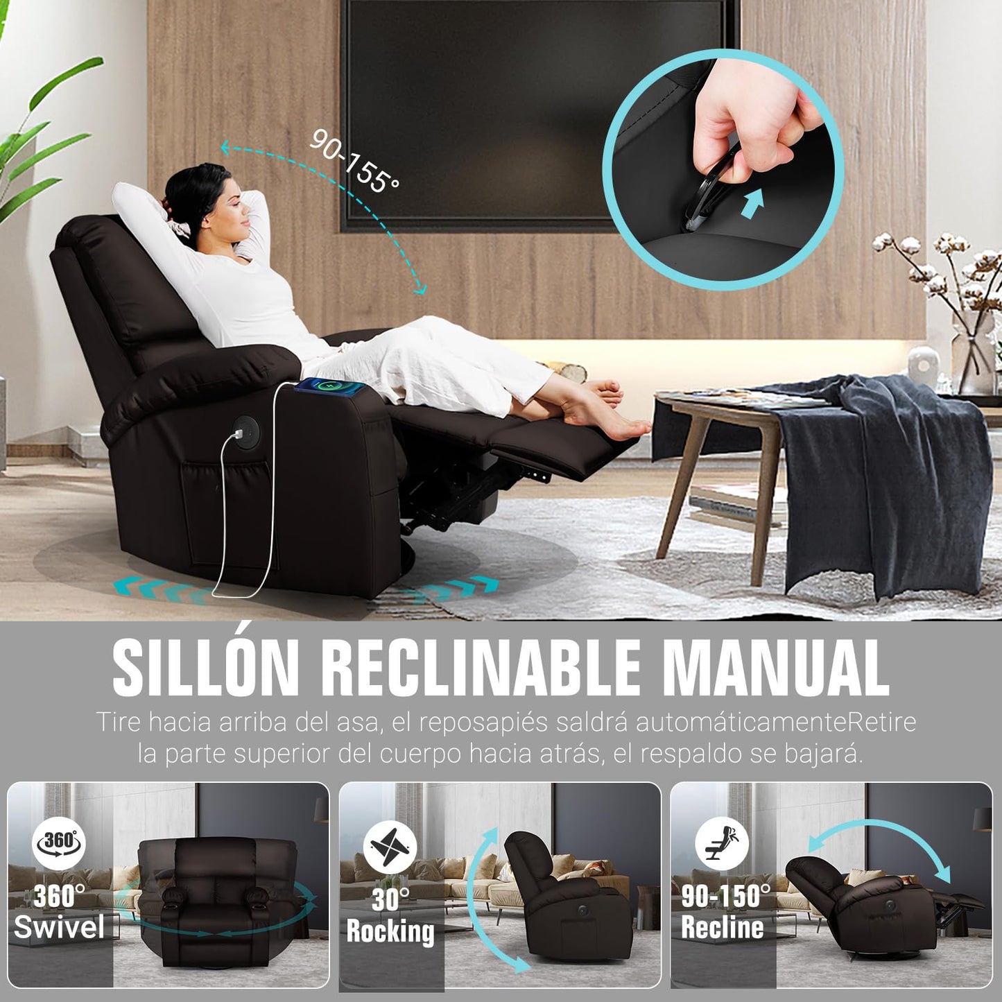 Silla Mecedora de Masaje Moonlight Manor – Vibración, Calor, USB/Tipo C, Giratoria 360°, Piel Sintética Marrón