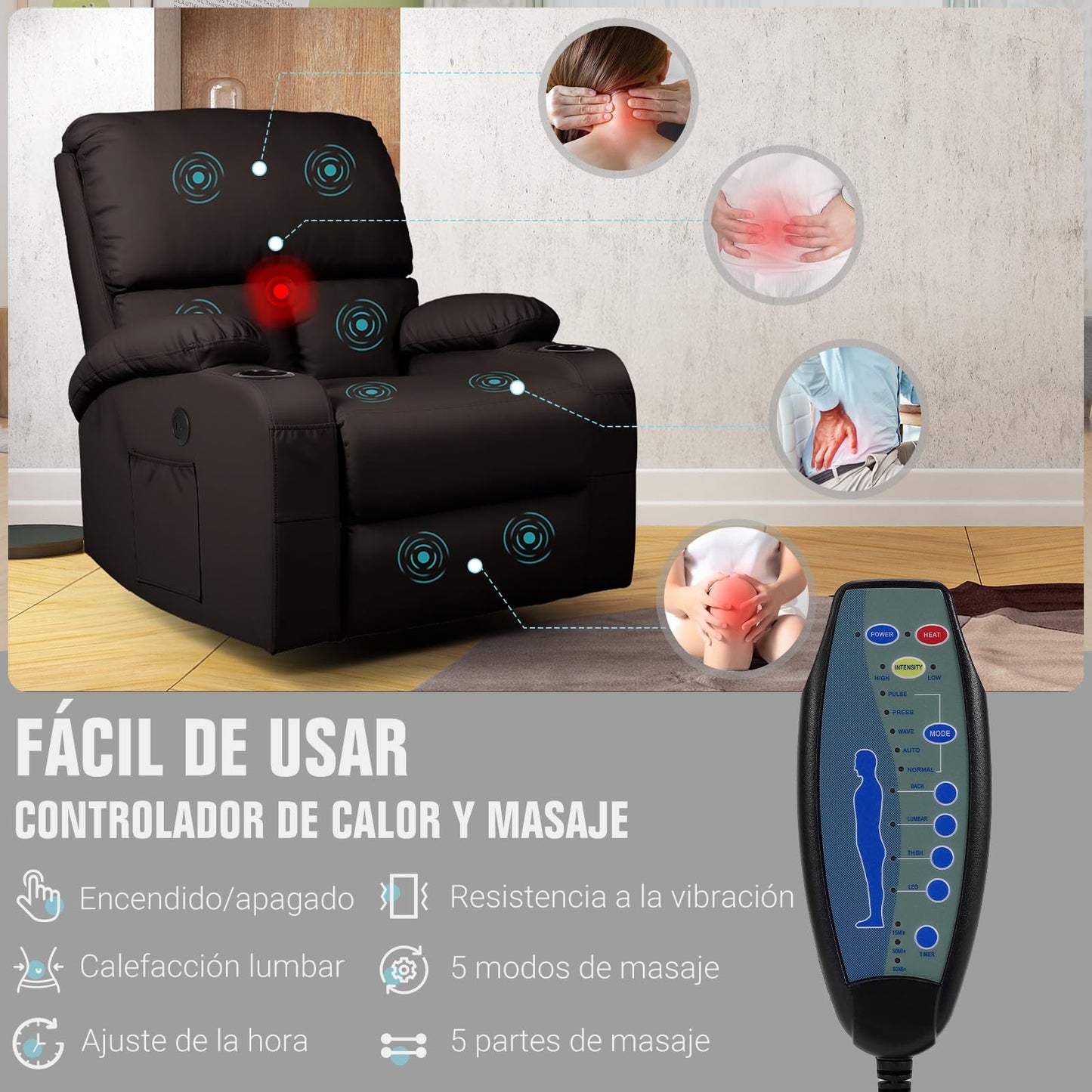 Silla Mecedora de Masaje Moonlight Manor – Vibración, Calor, USB/Tipo C, Giratoria 360°, Piel Sintética Marrón