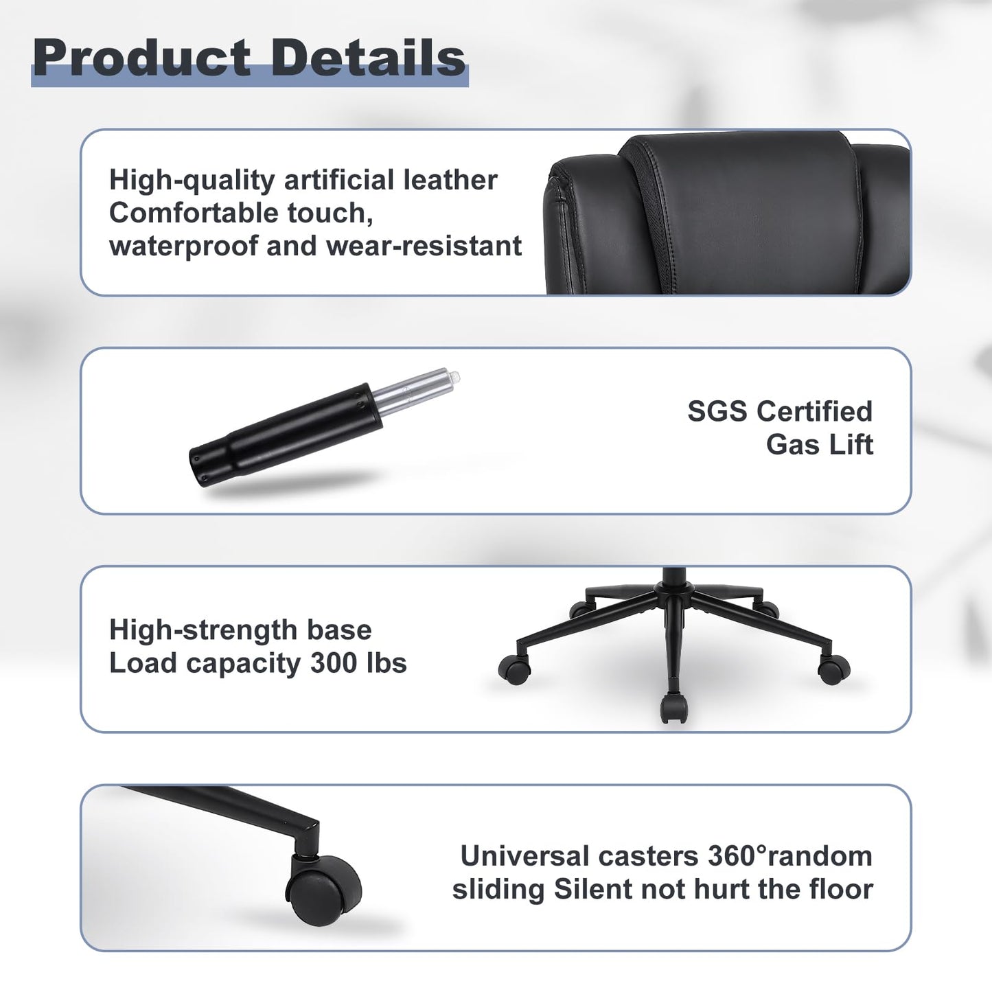 Ermnois Silla de Oficina Silla de Oficina ergonómica Piel sintética Altura Ajustable reposabrazos Grueso y Soporte Lumbar Silla de Cuero PU con Respaldo Medio para Juegos de Ordenador Negro