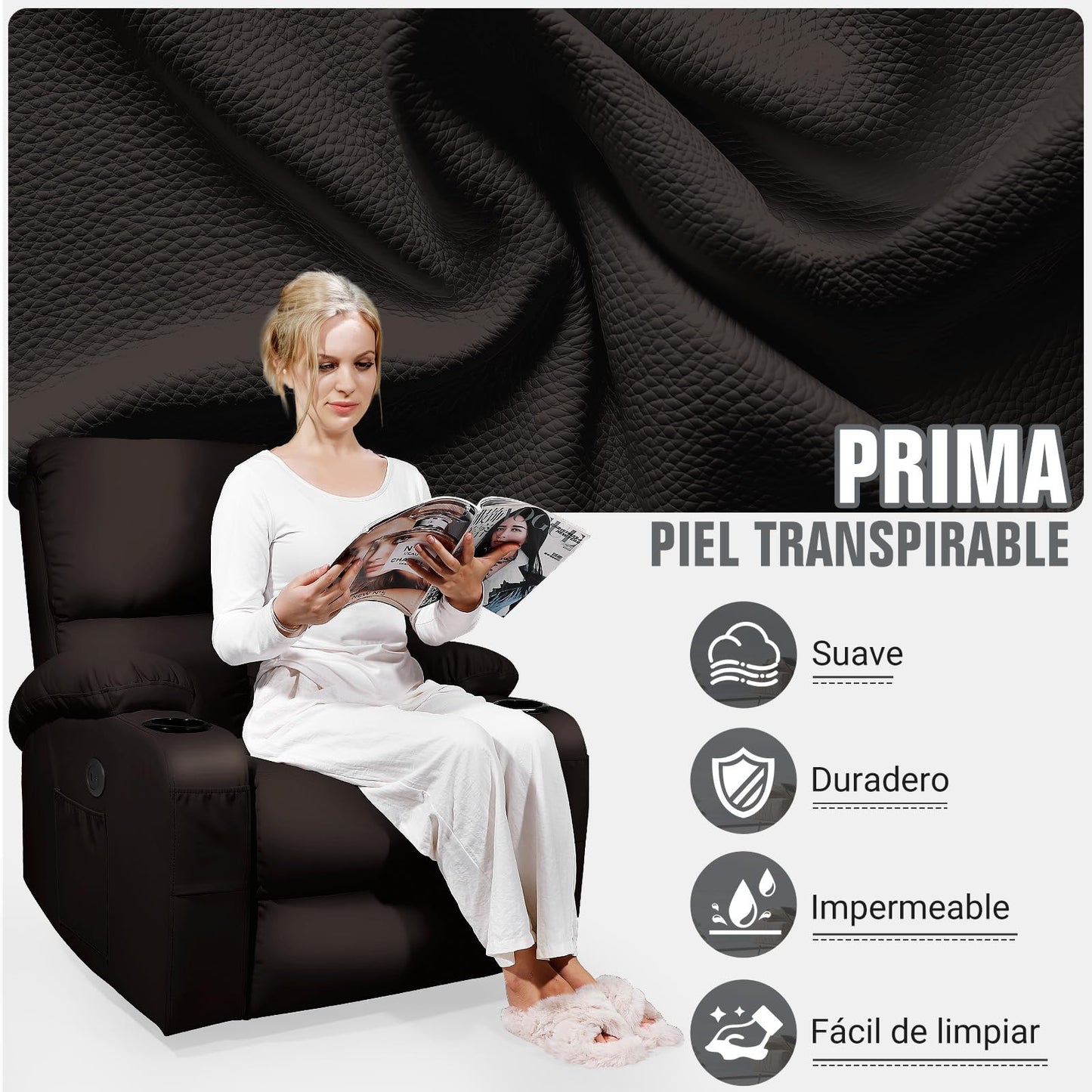 Silla Mecedora de Masaje Moonlight Manor – Vibración, Calor, USB/Tipo C, Giratoria 360°, Piel Sintética Marrón