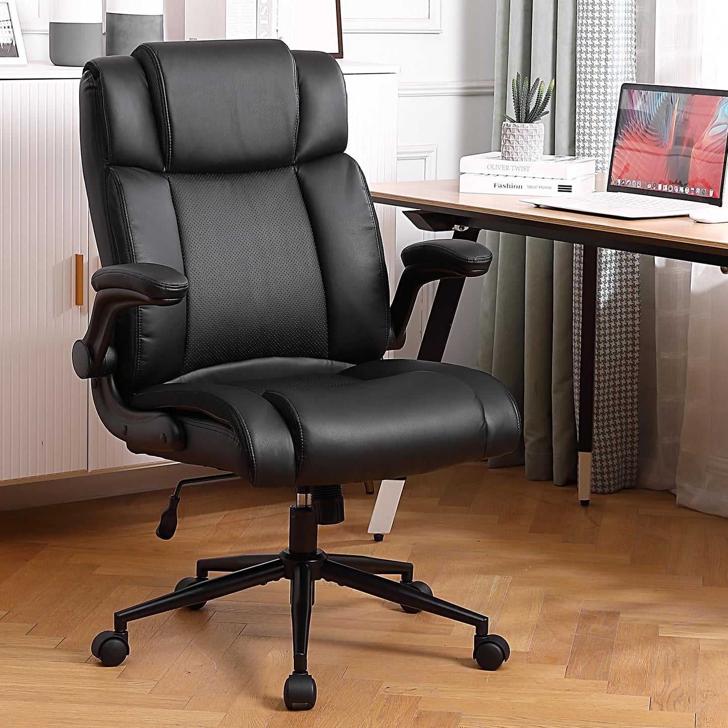 Ermnois Silla de Oficina Silla de Oficina ergonómica Piel sintética Altura Ajustable reposabrazos Grueso y Soporte Lumbar Silla de Cuero PU con Respaldo Medio para Juegos de Ordenador Negro
