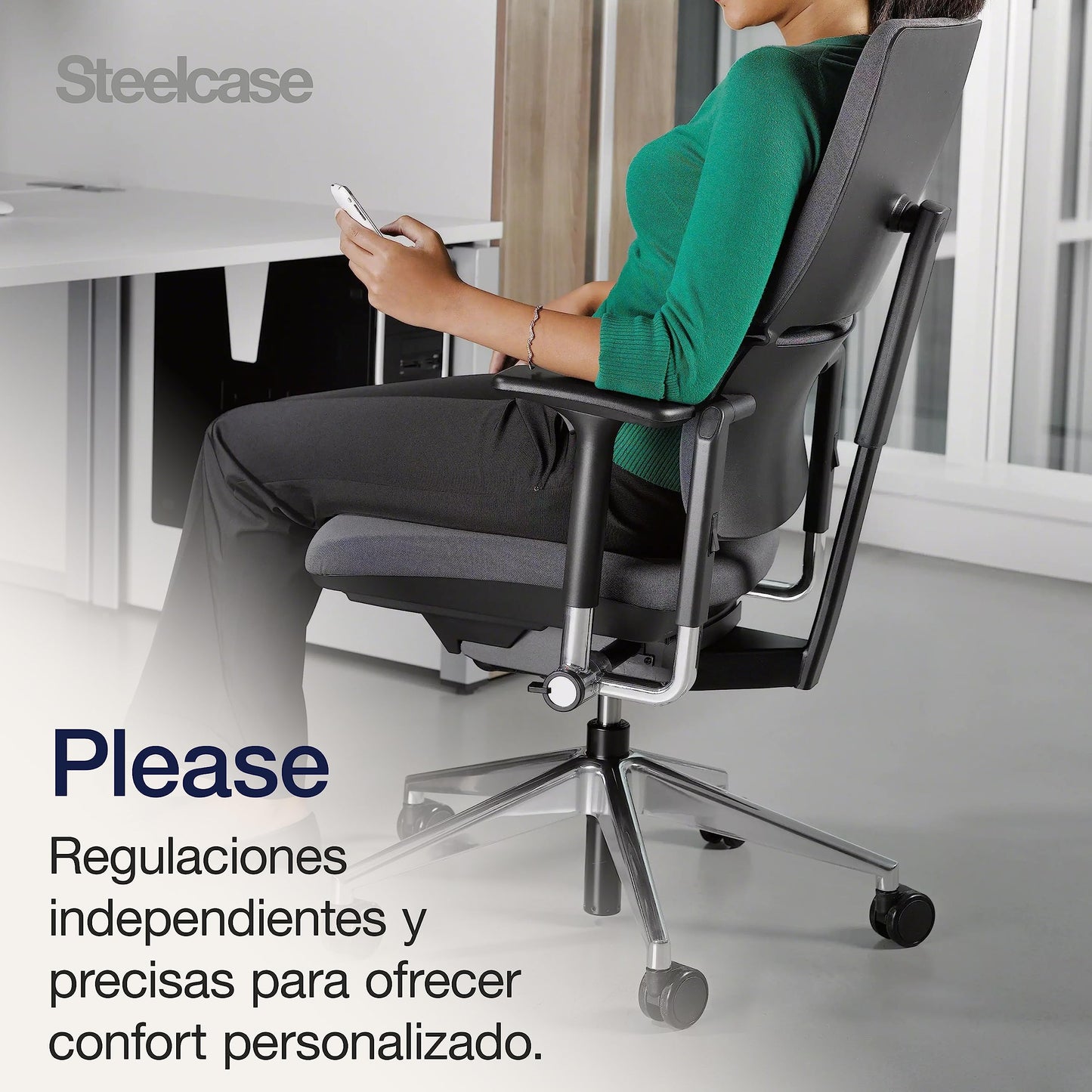 Steelcase Please, silla de oficina ergonómica con respaldo alto regulable en altura, brazos regulables y reposa cabeza regulable Ónix
