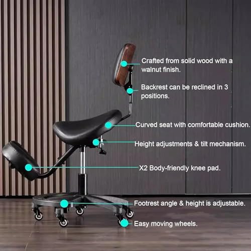 Silla ergonómica con altura ajustable, respaldo y reposapiés, ideal para masajes, spa y clínicas dentales, diseño rodante
