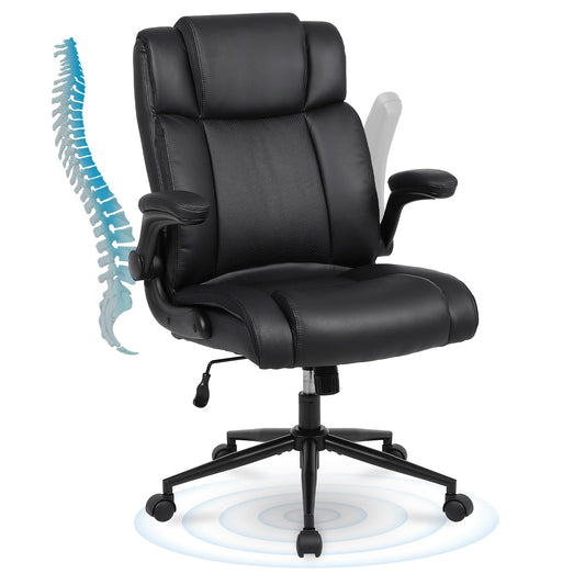 Ermnois Silla de Oficina Silla de Oficina ergonómica Piel sintética Altura Ajustable reposabrazos Grueso y Soporte Lumbar Silla de Cuero PU con Respaldo Medio para Juegos de Ordenador Negro
