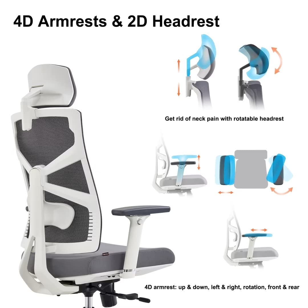 HOLLUDLE Silla de Oficina Ergonómica con Respaldo Adaptativo, Mesa y Silla de Escritorio de Alto Respaldo con Reposabrazos 4D, Profundidad de Asiento Ajustable, Soporte Lumbar y Reposacabezas 2D
