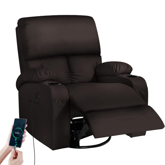 Silla Mecedora de Masaje Moonlight Manor – Vibración, Calor, USB/Tipo C, Giratoria 360°, Piel Sintética Marrón