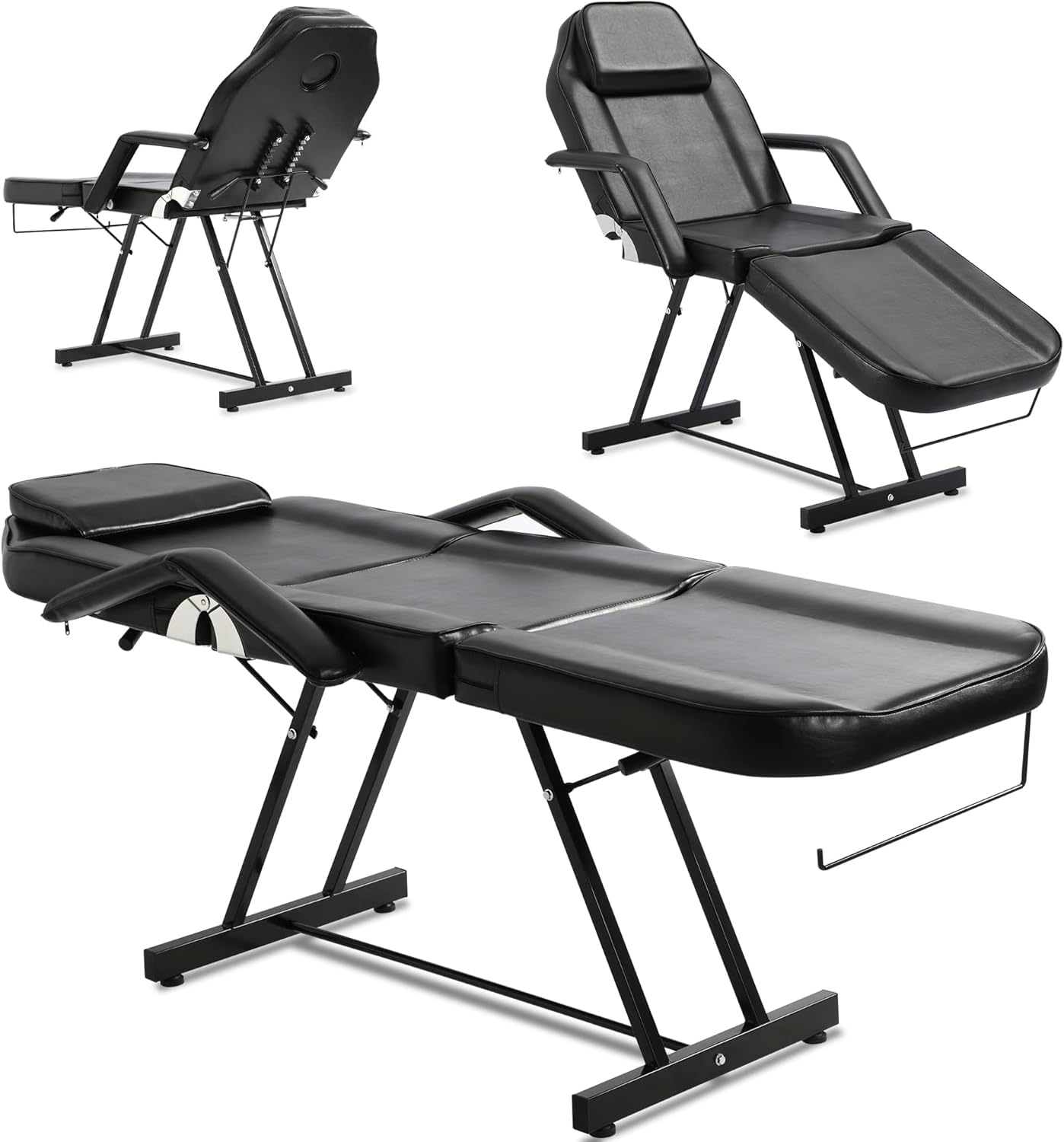 JINPALAY Camilla Masaje Plegable con Taburete 3 Zonas Cama de Masaje Profesional Fisioterapia Ajustable Reposabrazos Reposacabezas para SPA, Tatuaje, Facial, Pedicure Therapy (Negro)
