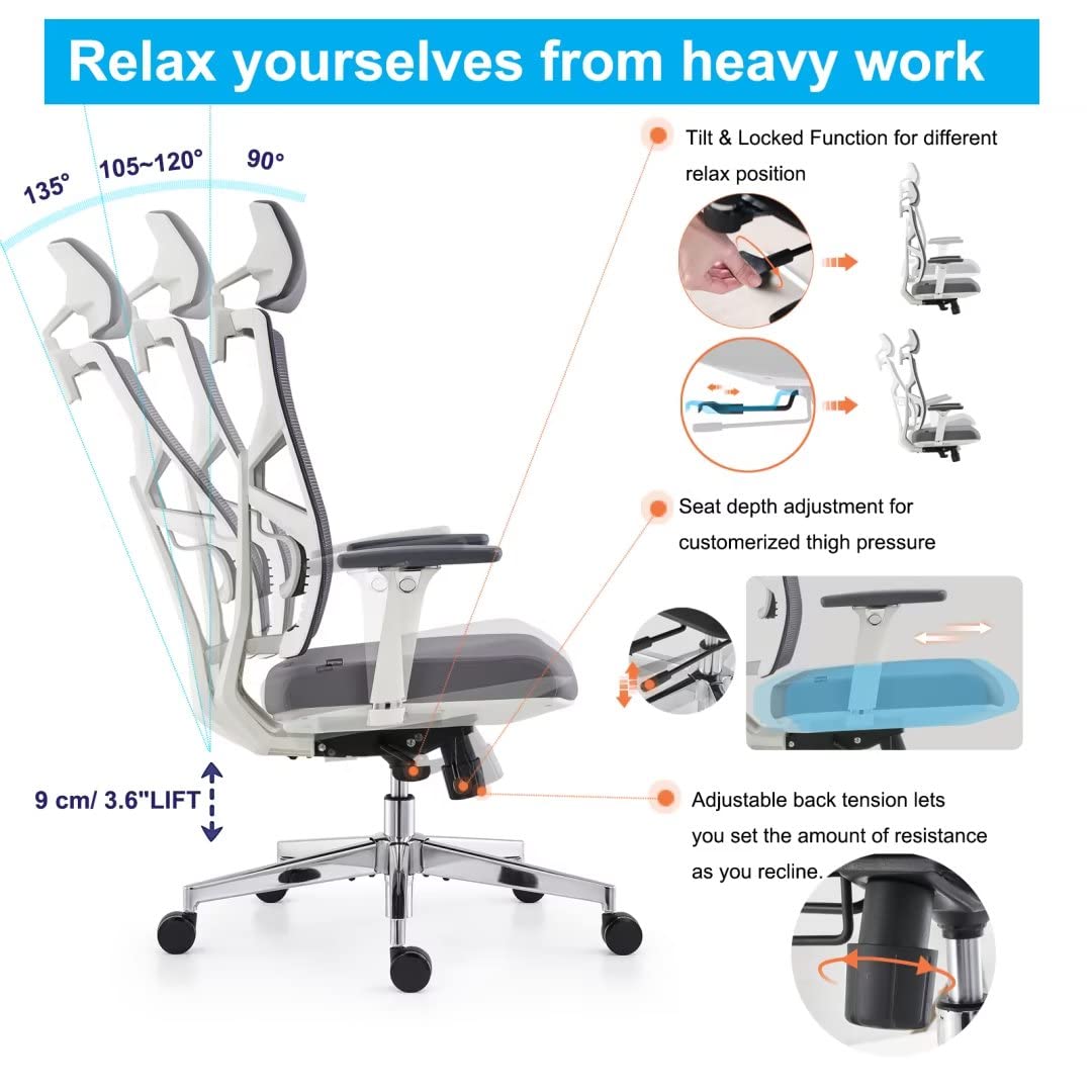 HOLLUDLE Silla de Oficina Ergonómica con Respaldo Adaptativo, Mesa y Silla de Escritorio de Alto Respaldo con Reposabrazos 4D, Profundidad de Asiento Ajustable, Soporte Lumbar y Reposacabezas 2D