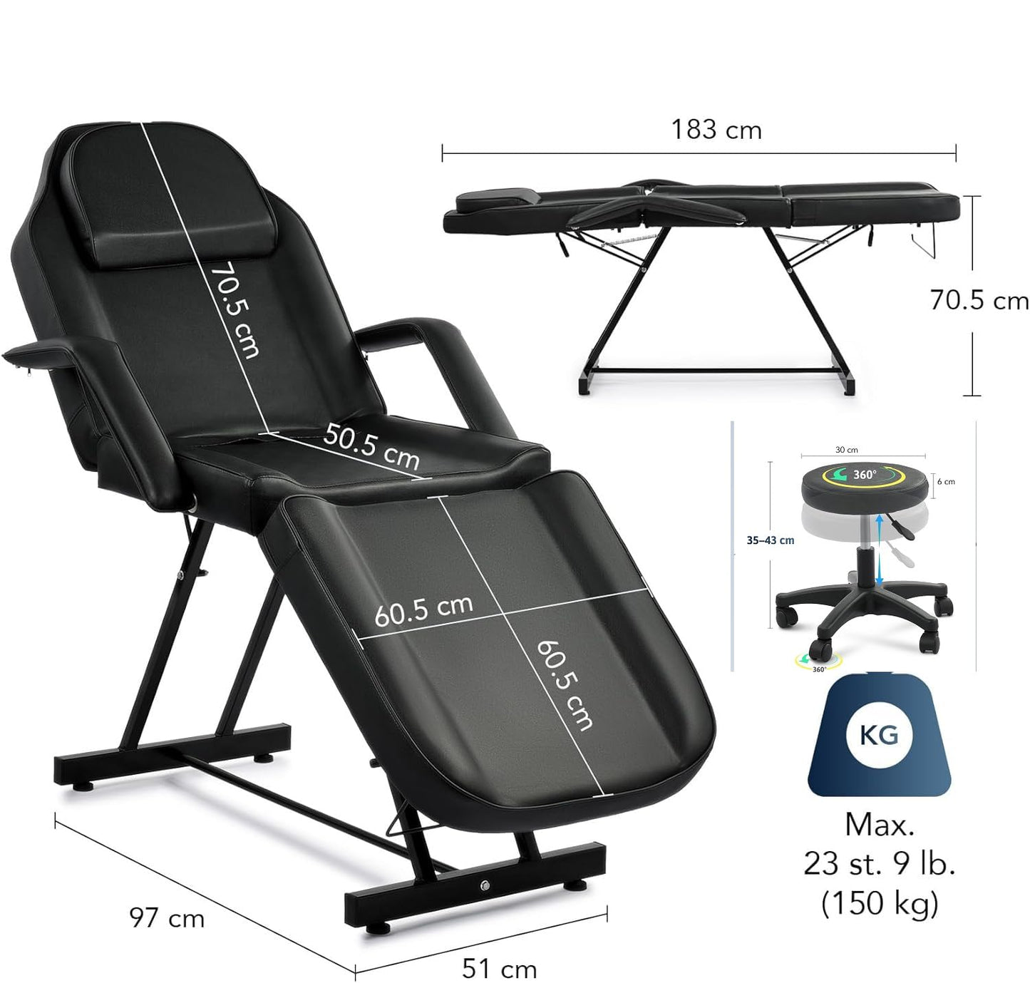 JINPALAY Camilla Masaje Plegable con Taburete 3 Zonas Cama de Masaje Profesional Fisioterapia Ajustable Reposabrazos Reposacabezas para SPA, Tatuaje, Facial, Pedicure Therapy (Negro)