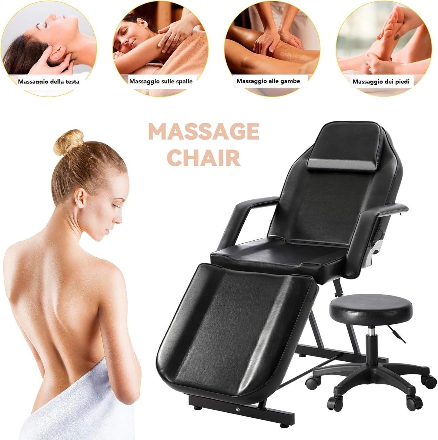 JINPALAY Camilla Masaje Plegable con Taburete 3 Zonas Cama de Masaje Profesional Fisioterapia Ajustable Reposabrazos Reposacabezas para SPA, Tatuaje, Facial, Pedicure Therapy (Negro)