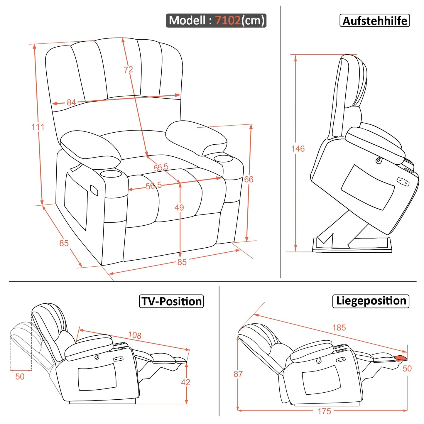 M MCombo Sillón de TV eléctrico con Ayuda para levantarse, sillón Relax con función reclinable, sillón de Masaje con función de Calor, para Personas Mayores de salón, 7102 (Tela, Gris)