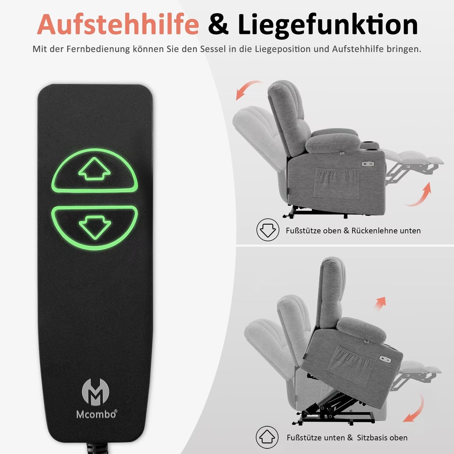 M MCombo Sillón de TV eléctrico con Ayuda para levantarse, sillón Relax con función reclinable, sillón de Masaje con función de Calor, para Personas Mayores de salón, 7102 (Tela, Gris)