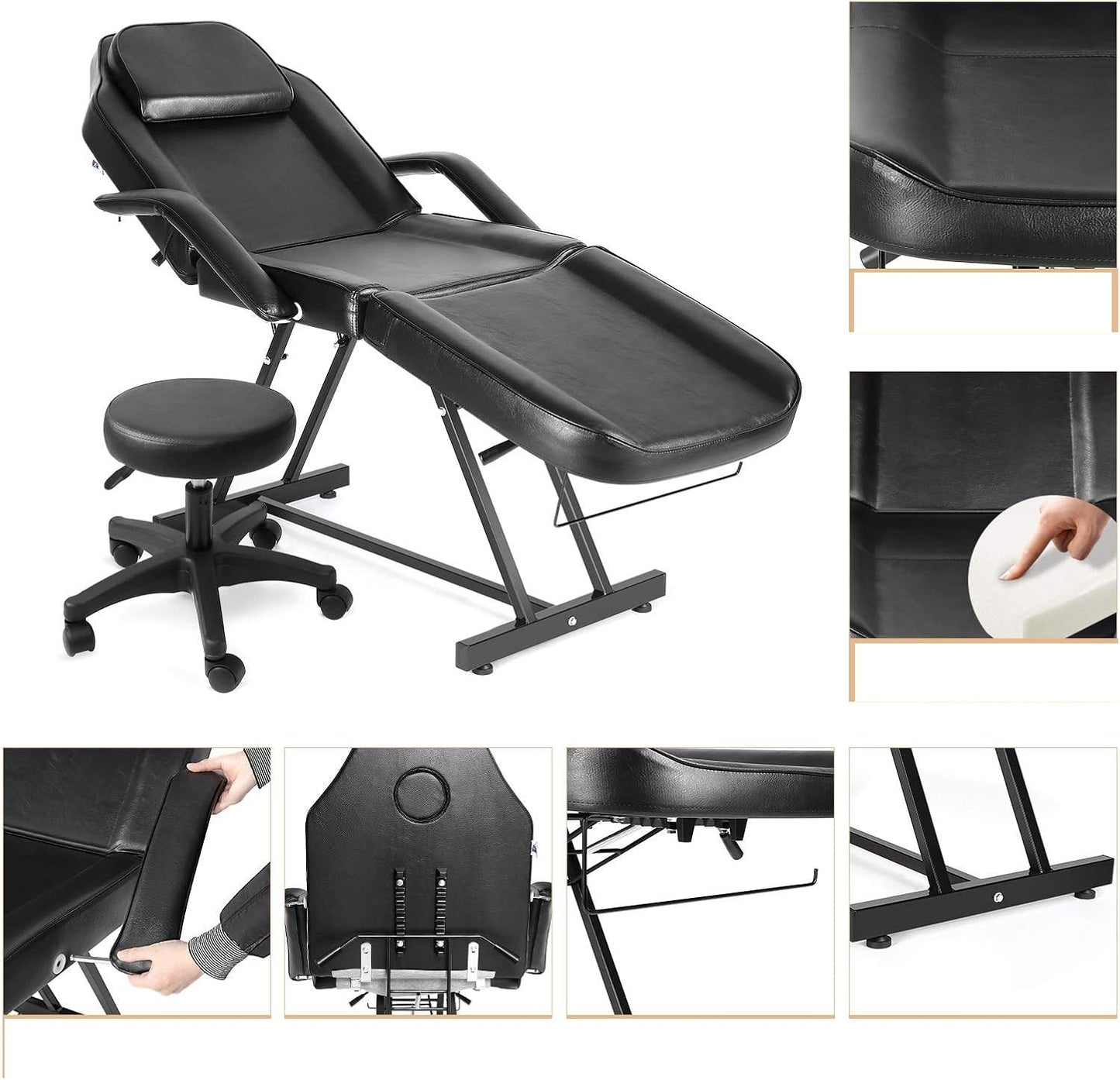 JINPALAY Camilla Masaje Plegable con Taburete 3 Zonas Cama de Masaje Profesional Fisioterapia Ajustable Reposabrazos Reposacabezas para SPA, Tatuaje, Facial, Pedicure Therapy (Negro)