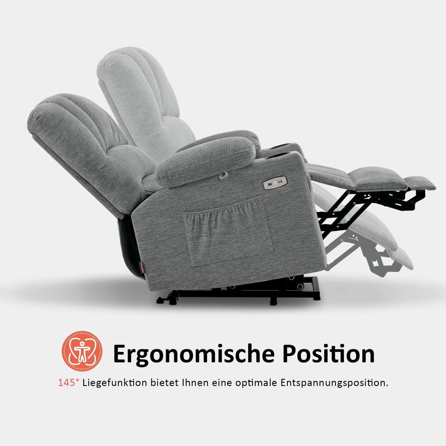 M MCombo Sillón de TV eléctrico con Ayuda para levantarse, sillón Relax con función reclinable, sillón de Masaje con función de Calor, para Personas Mayores de salón, 7102 (Tela, Gris)