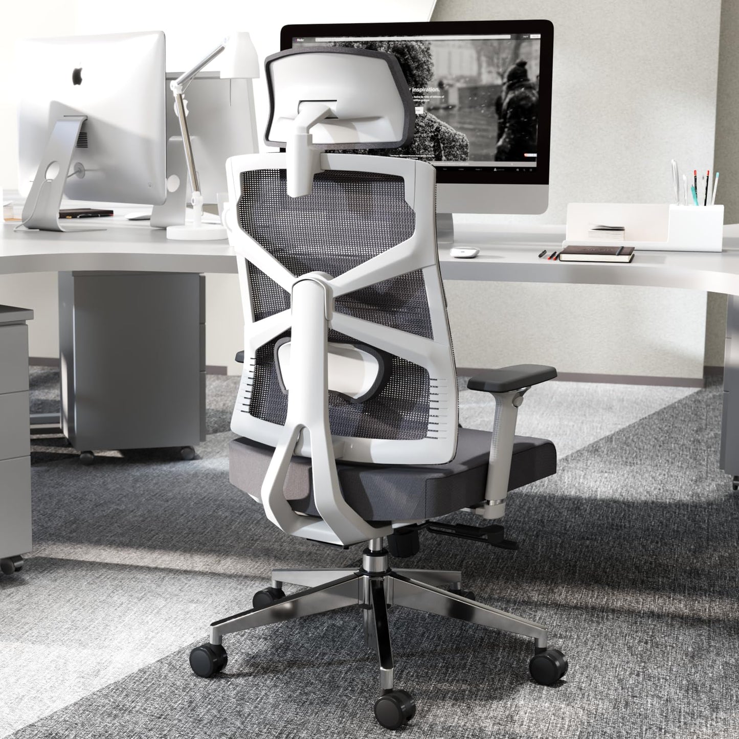 HOLLUDLE Silla de Oficina Ergonómica con Respaldo Adaptativo, Mesa y Silla de Escritorio de Alto Respaldo con Reposabrazos 4D, Profundidad de Asiento Ajustable, Soporte Lumbar y Reposacabezas 2D
