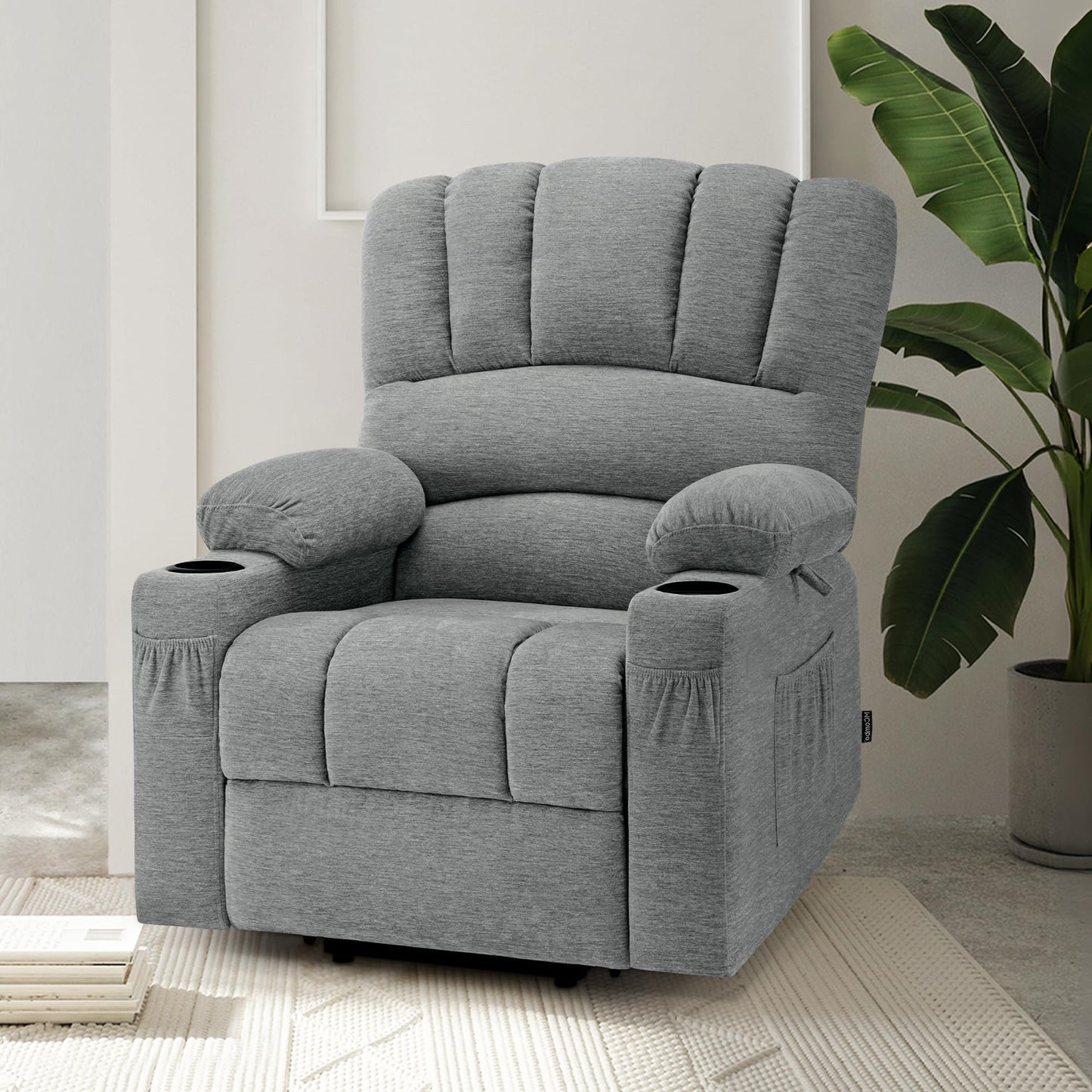 M MCombo Sillón de TV eléctrico con Ayuda para levantarse, sillón Relax con función reclinable, sillón de Masaje con función de Calor, para Personas Mayores de salón, 7102 (Tela, Gris)