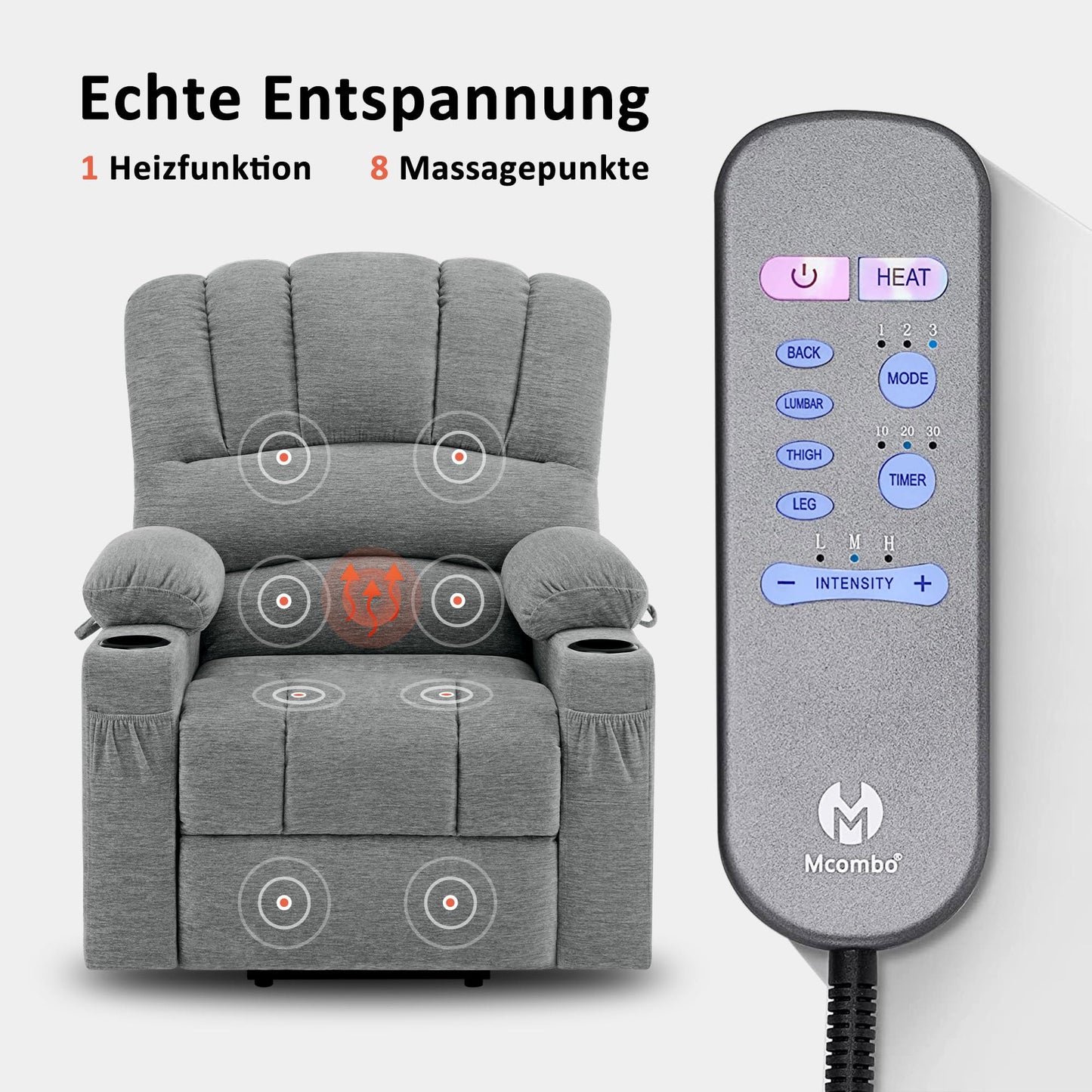 M MCombo Sillón de TV eléctrico con Ayuda para levantarse, sillón Relax con función reclinable, sillón de Masaje con función de Calor, para Personas Mayores de salón, 7102 (Tela, Gris)
