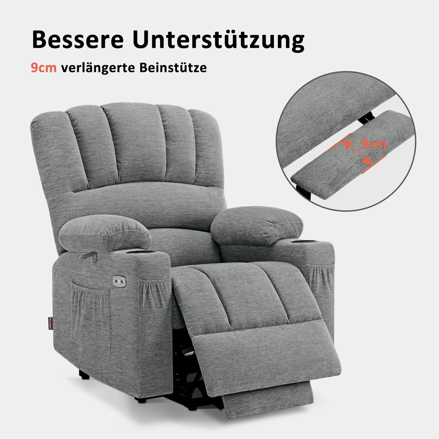 M MCombo Sillón de TV eléctrico con Ayuda para levantarse, sillón Relax con función reclinable, sillón de Masaje con función de Calor, para Personas Mayores de salón, 7102 (Tela, Gris)