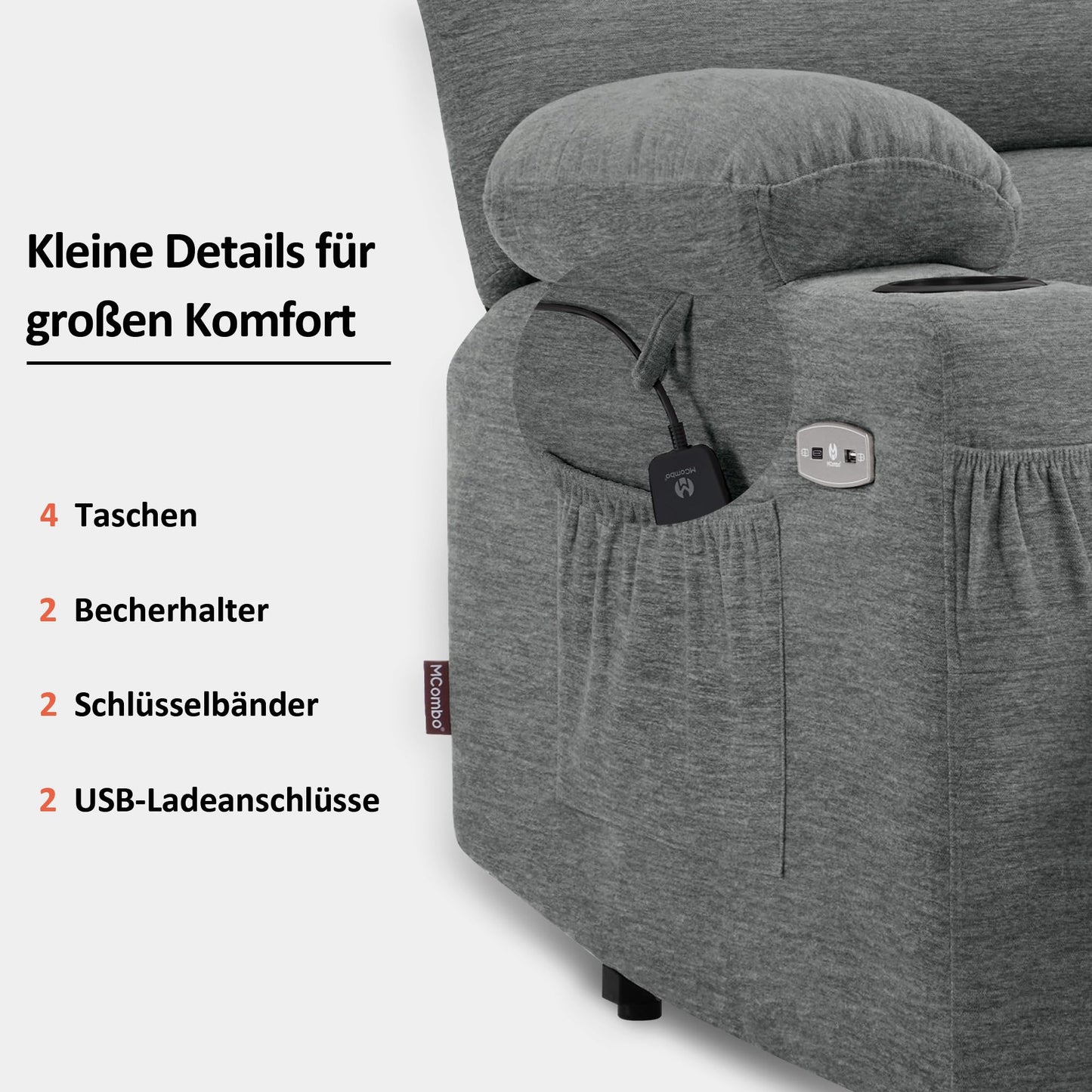 M MCombo Sillón de TV eléctrico con Ayuda para levantarse, sillón Relax con función reclinable, sillón de Masaje con función de Calor, para Personas Mayores de salón, 7102 (Tela, Gris)