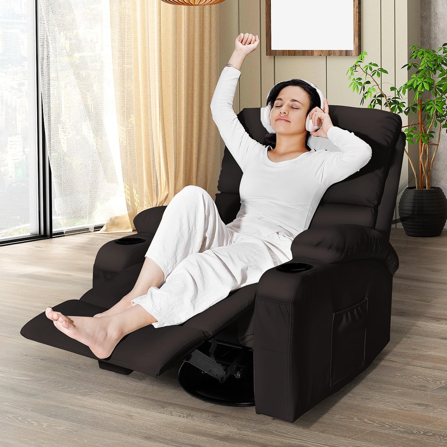 Silla Mecedora de Masaje Moonlight Manor – Vibración, Calor, USB/Tipo C, Giratoria 360°, Piel Sintética Marrón
