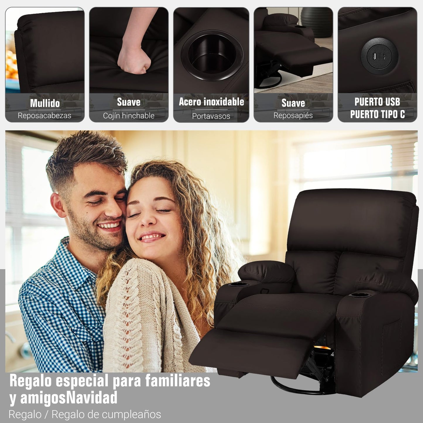 Silla Mecedora de Masaje Moonlight Manor – Vibración, Calor, USB/Tipo C, Giratoria 360°, Piel Sintética Marrón